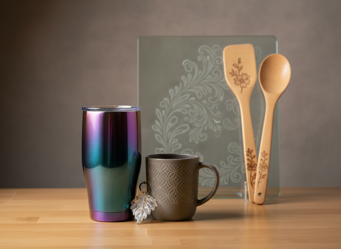 A curated display of handcrafted custom items arranged on a smooth, light wood tabletop, showcasing the transformation from ordinary to extraordinary. In the foreground, a personalized stainless-steel tumbler with a shimmering pearlescent finish stands beside a matte ceramic mug with an intricate engraved pattern and a glossy resin keychain shaped like a small charm. Behind them, a custom-etched glass cutting board and a set of engraved wooden kitchen utensils rest against a neutral backdrop. Soft studio lighting from the left creates crisp highlights on metal and glass, gentle shadows on wood, and a calm, professional atmosphere. Photographic realism, eye-level composition with shallow depth of field keeps the focus on craftsmanship and fine details, while the background softens into a subtle bokeh.