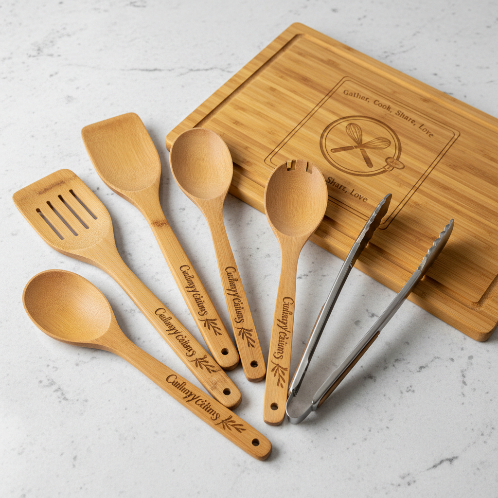 Custom engraved bamboo kitchen utensils and cutting board set